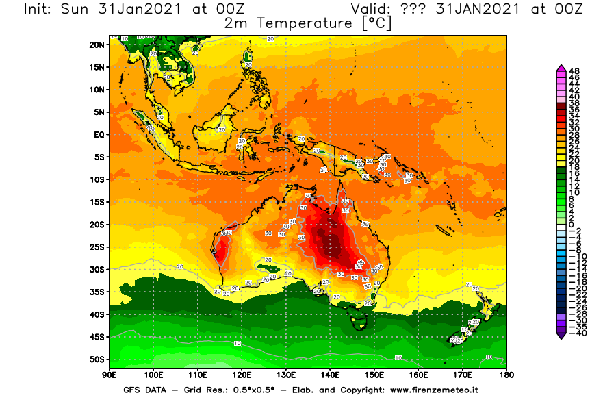 Mappa di analisi GFS - Temperatura a 2 metri dal suolo [°C] in Oceania
									del 31/01/2021 00 <!--googleoff: index-->UTC<!--googleon: index-->