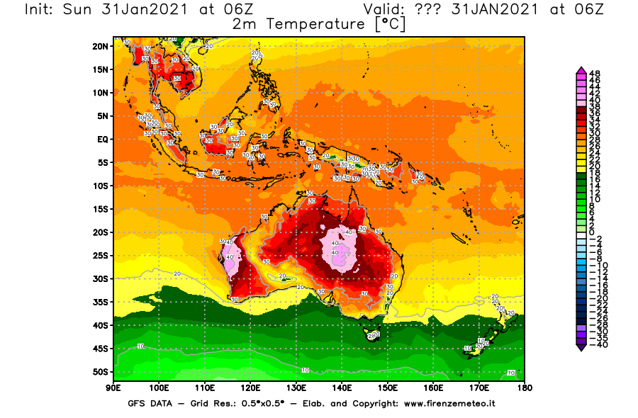 Mappa di analisi GFS - Temperatura a 2 metri dal suolo [°C] in Oceania
							del 31/01/2021 06 <!--googleoff: index-->UTC<!--googleon: index-->