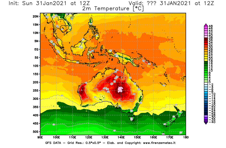 Mappa di analisi GFS - Temperatura a 2 metri dal suolo [°C] in Oceania
							del 31/01/2021 12 <!--googleoff: index-->UTC<!--googleon: index-->