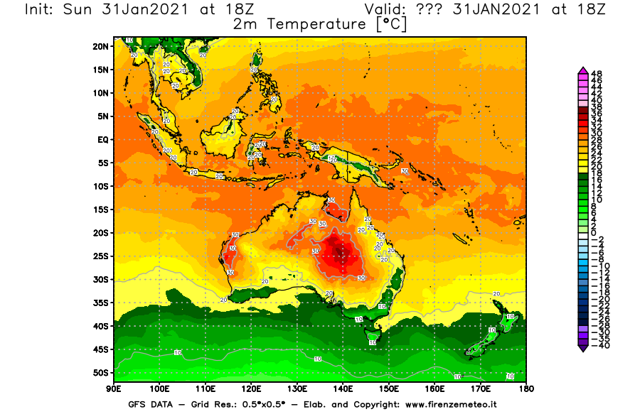 Mappa di analisi GFS - Temperatura a 2 metri dal suolo [°C] in Oceania
							del 31/01/2021 18 <!--googleoff: index-->UTC<!--googleon: index-->