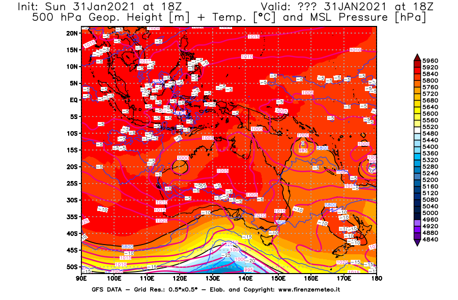 Mappa di analisi GFS - Geopotenziale [m] + Temp. [°C] a 500 hPa + Press. a livello del mare [hPa] in Oceania
									del 31/01/2021 18 <!--googleoff: index-->UTC<!--googleon: index-->