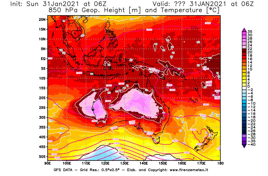 Mappa di analisi GFS - Geopotenziale [m] e Temperatura [°C] a 850 hPa in Oceania
							del 31/01/2021 06 <!--googleoff: index-->UTC<!--googleon: index-->