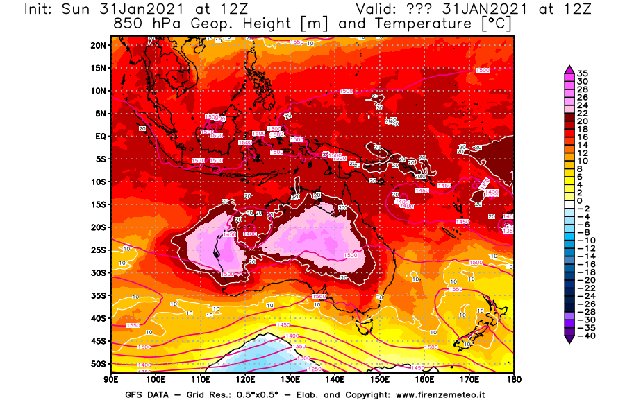 Mappa di analisi GFS - Geopotenziale [m] e Temperatura [°C] a 850 hPa in Oceania
									del 31/01/2021 12 <!--googleoff: index-->UTC<!--googleon: index-->