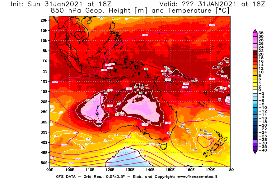 Mappa di analisi GFS - Geopotenziale [m] e Temperatura [°C] a 850 hPa in Oceania
							del 31/01/2021 18 <!--googleoff: index-->UTC<!--googleon: index-->