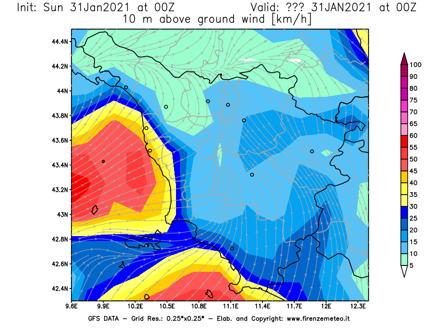 Mappa di analisi GFS - Velocità del vento a 10 metri dal suolo [km/h] in Toscana
									del 31/01/2021 00 <!--googleoff: index-->UTC<!--googleon: index-->