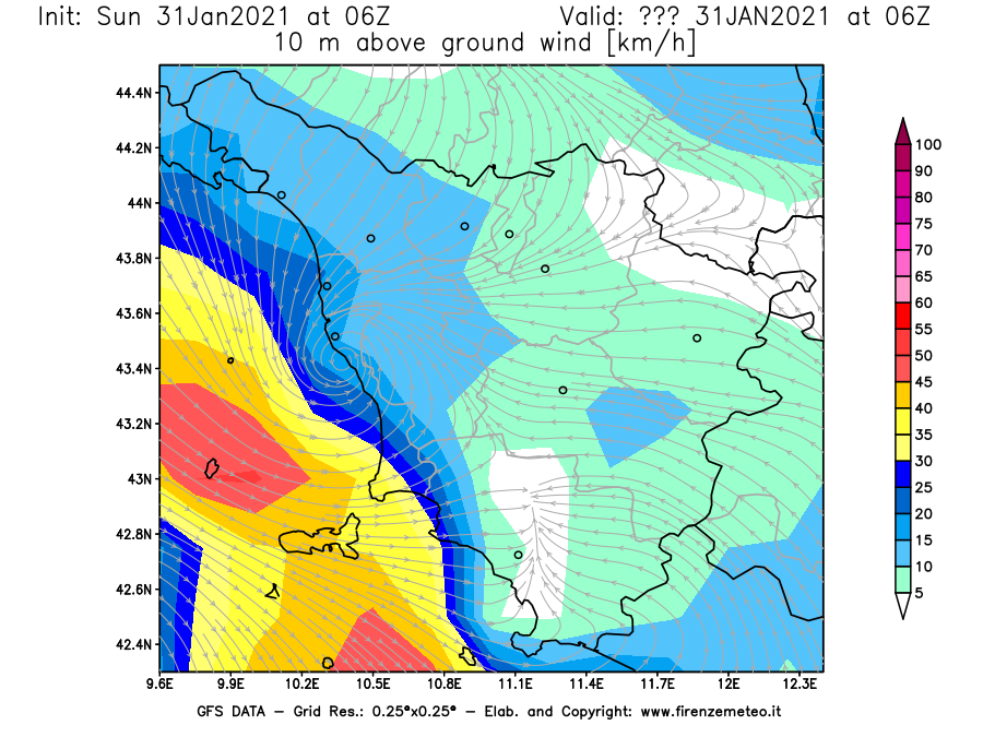 Mappa di analisi GFS - Velocità del vento a 10 metri dal suolo [km/h] in Toscana
							del 31/01/2021 06 <!--googleoff: index-->UTC<!--googleon: index-->