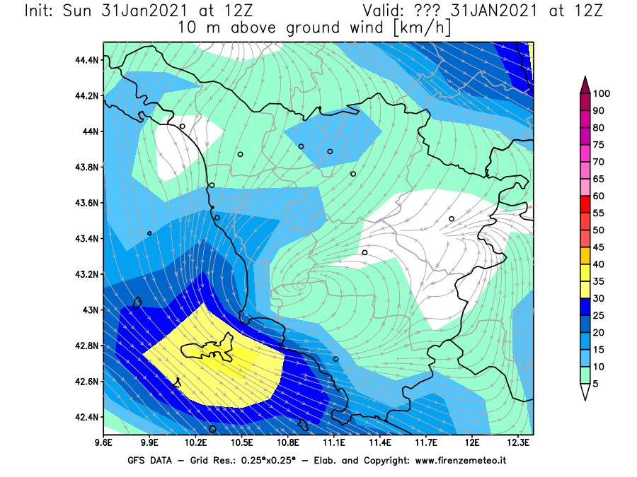 Mappa di analisi GFS - Velocità del vento a 10 metri dal suolo [km/h] in Toscana
							del 31/01/2021 12 <!--googleoff: index-->UTC<!--googleon: index-->