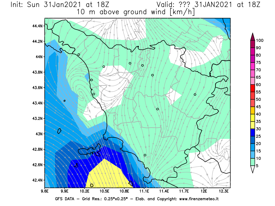 Mappa di analisi GFS - Velocità del vento a 10 metri dal suolo [km/h] in Toscana
							del 31/01/2021 18 <!--googleoff: index-->UTC<!--googleon: index-->