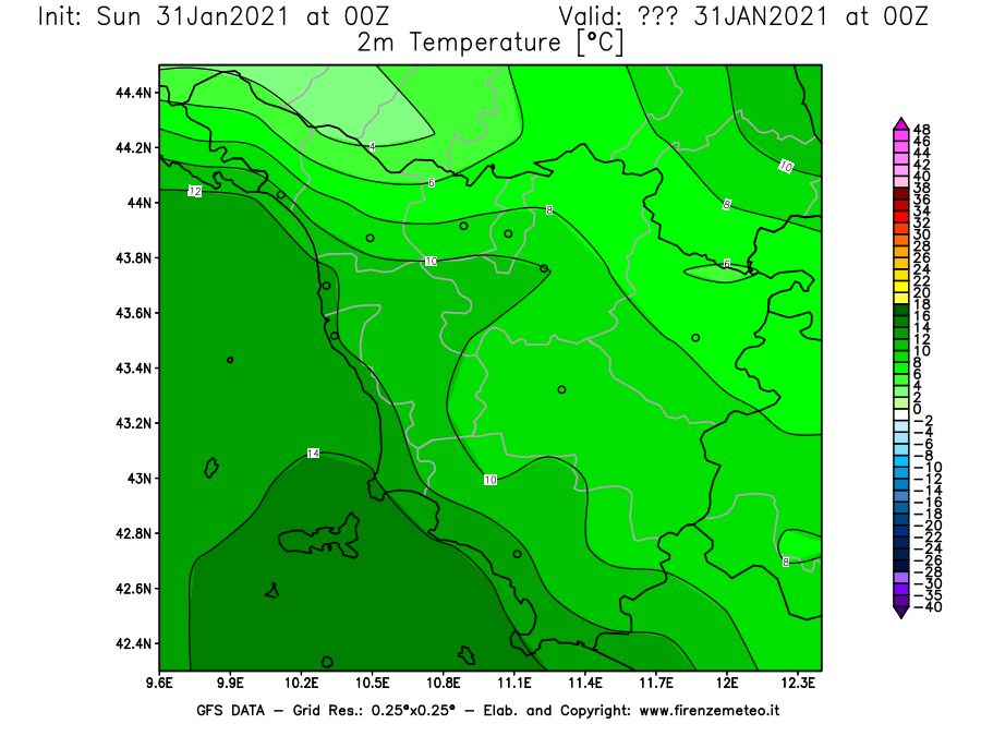 Mappa di analisi GFS - Temperatura a 2 metri dal suolo [°C] in Toscana
							del 31/01/2021 00 <!--googleoff: index-->UTC<!--googleon: index-->