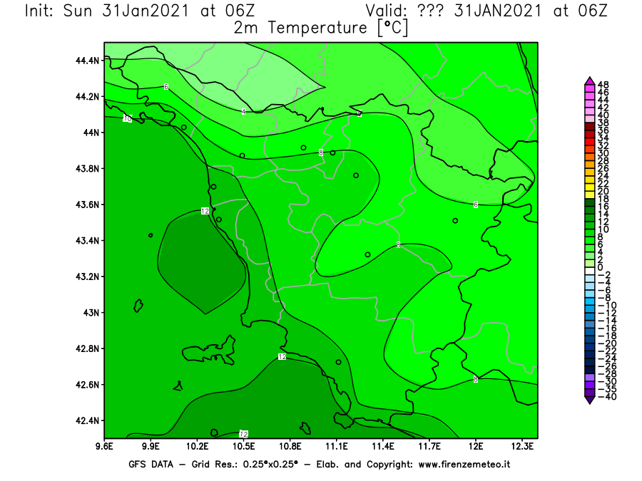 Mappa di analisi GFS - Temperatura a 2 metri dal suolo [°C] in Toscana
							del 31/01/2021 06 <!--googleoff: index-->UTC<!--googleon: index-->