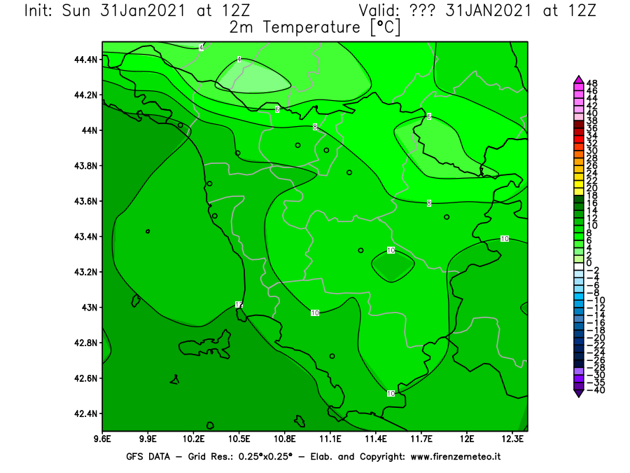 Mappa di analisi GFS - Temperatura a 2 metri dal suolo [°C] in Toscana
									del 31/01/2021 12 <!--googleoff: index-->UTC<!--googleon: index-->