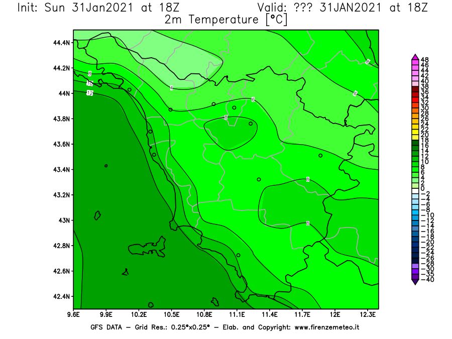 Mappa di analisi GFS - Temperatura a 2 metri dal suolo [°C] in Toscana
									del 31/01/2021 18 <!--googleoff: index-->UTC<!--googleon: index-->