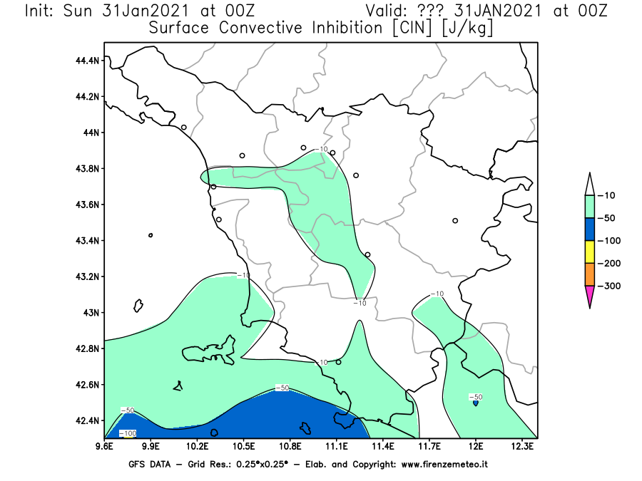 Mappa di analisi GFS - CIN [J/kg] in Toscana
							del 31/01/2021 00 <!--googleoff: index-->UTC<!--googleon: index-->