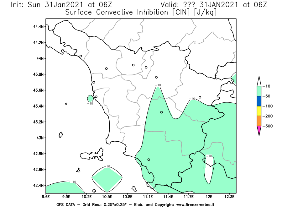 Mappa di analisi GFS - CIN [J/kg] in Toscana
							del 31/01/2021 06 <!--googleoff: index-->UTC<!--googleon: index-->