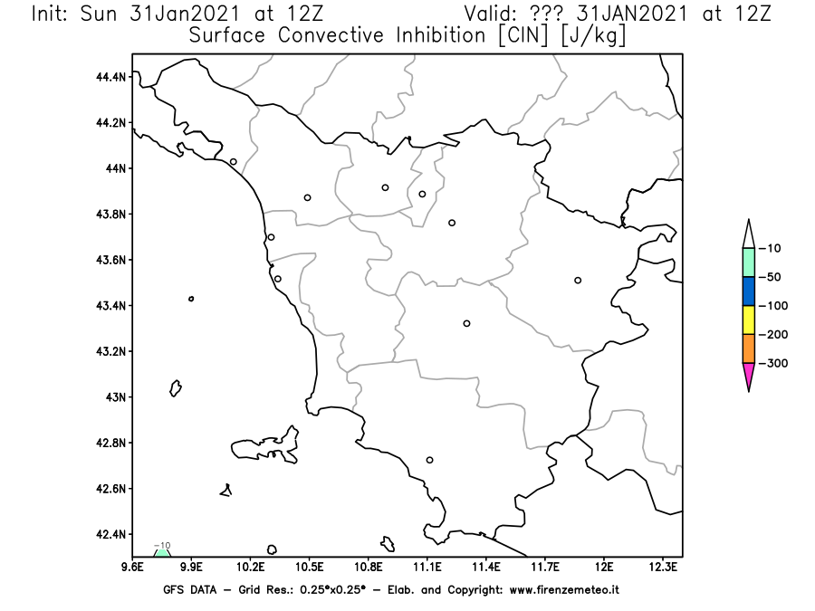 Mappa di analisi GFS - CIN [J/kg] in Toscana
									del 31/01/2021 12 <!--googleoff: index-->UTC<!--googleon: index-->