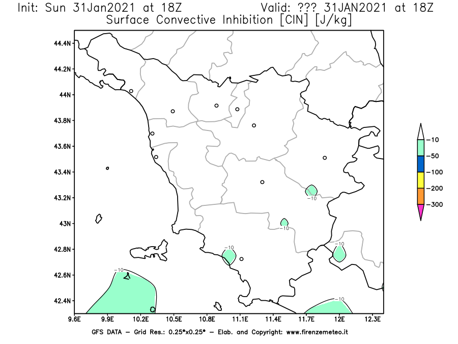 Mappa di analisi GFS - CIN [J/kg] in Toscana
									del 31/01/2021 18 <!--googleoff: index-->UTC<!--googleon: index-->