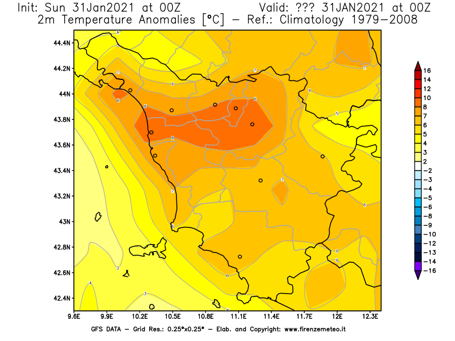 Mappa di analisi GFS - Anomalia Temperatura [°C] a 2 m in Toscana
							del 31/01/2021 00 <!--googleoff: index-->UTC<!--googleon: index-->