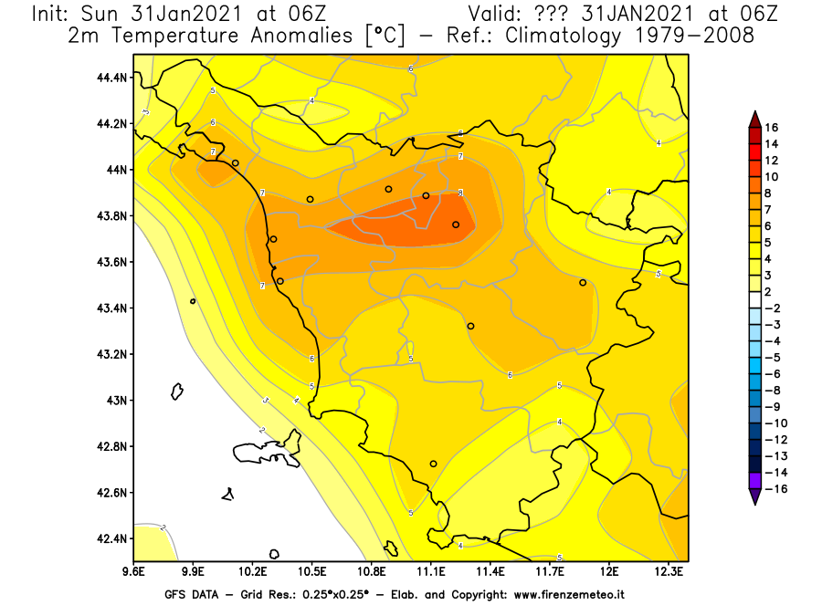 Mappa di analisi GFS - Anomalia Temperatura [°C] a 2 m in Toscana
							del 31/01/2021 06 <!--googleoff: index-->UTC<!--googleon: index-->