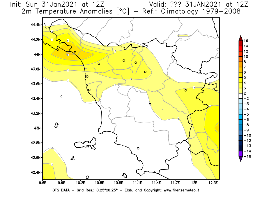 Mappa di analisi GFS - Anomalia Temperatura [°C] a 2 m in Toscana
									del 31/01/2021 12 <!--googleoff: index-->UTC<!--googleon: index-->