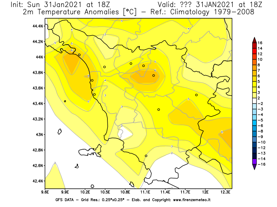 Mappa di analisi GFS - Anomalia Temperatura [°C] a 2 m in Toscana
							del 31/01/2021 18 <!--googleoff: index-->UTC<!--googleon: index-->