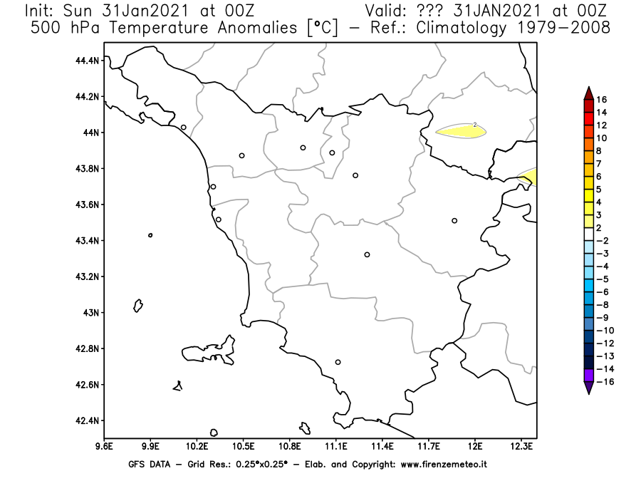Mappa di analisi GFS - Anomalia Temperatura [°C] a 500 hPa in Toscana
							del 31/01/2021 00 <!--googleoff: index-->UTC<!--googleon: index-->