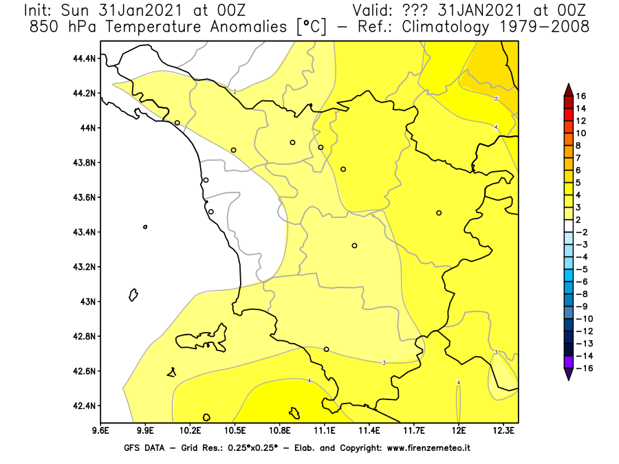 Mappa di analisi GFS - Anomalia Temperatura [°C] a 850 hPa in Toscana
									del 31/01/2021 00 <!--googleoff: index-->UTC<!--googleon: index-->