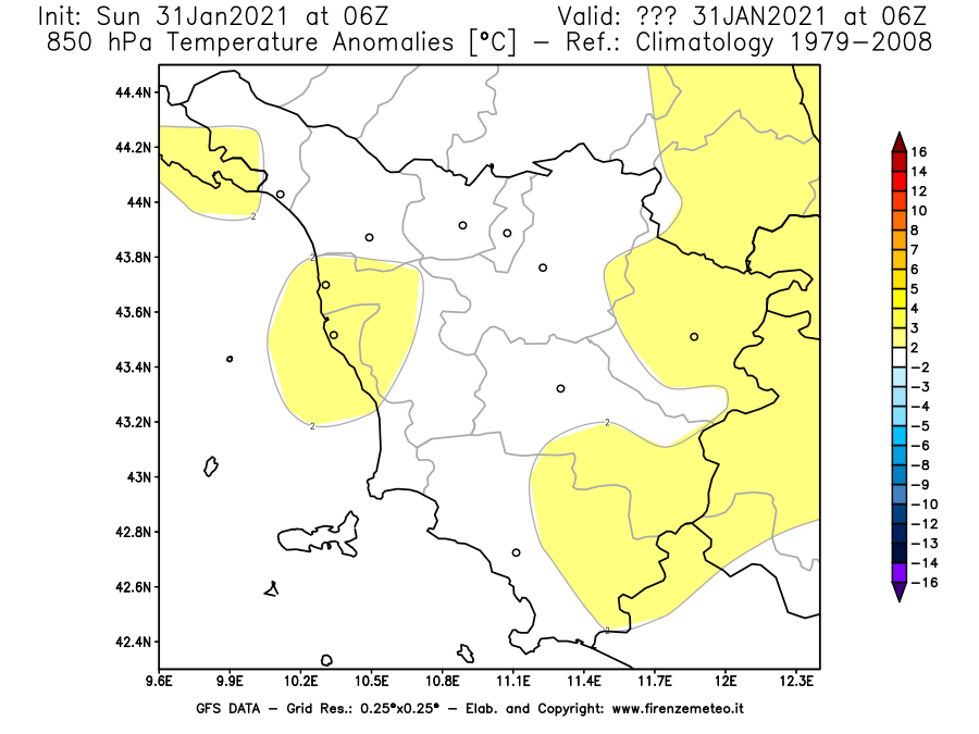 Mappa di analisi GFS - Anomalia Temperatura [°C] a 850 hPa in Toscana
							del 31/01/2021 06 <!--googleoff: index-->UTC<!--googleon: index-->