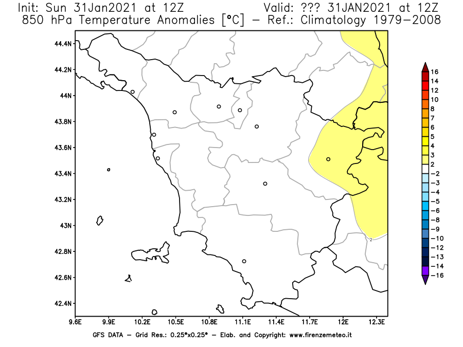 Mappa di analisi GFS - Anomalia Temperatura [°C] a 850 hPa in Toscana
									del 31/01/2021 12 <!--googleoff: index-->UTC<!--googleon: index-->