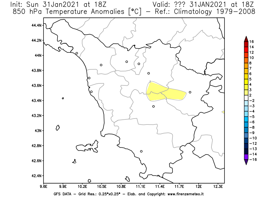 Mappa di analisi GFS - Anomalia Temperatura [°C] a 850 hPa in Toscana
							del 31/01/2021 18 <!--googleoff: index-->UTC<!--googleon: index-->
