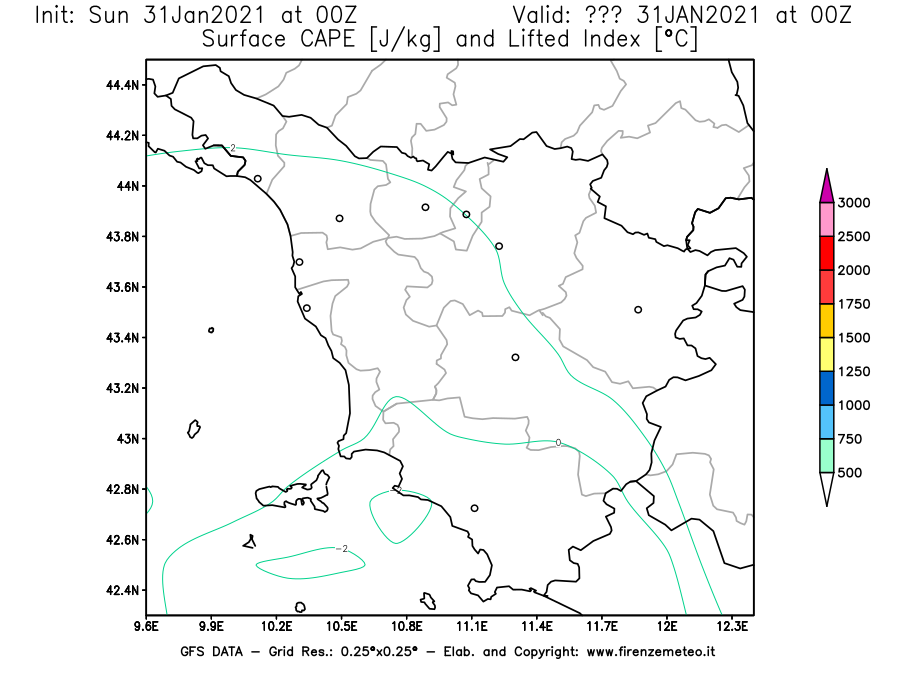 Mappa di analisi GFS - CAPE [J/kg] e Lifted Index [°C] in Toscana
									del 31/01/2021 00 <!--googleoff: index-->UTC<!--googleon: index-->