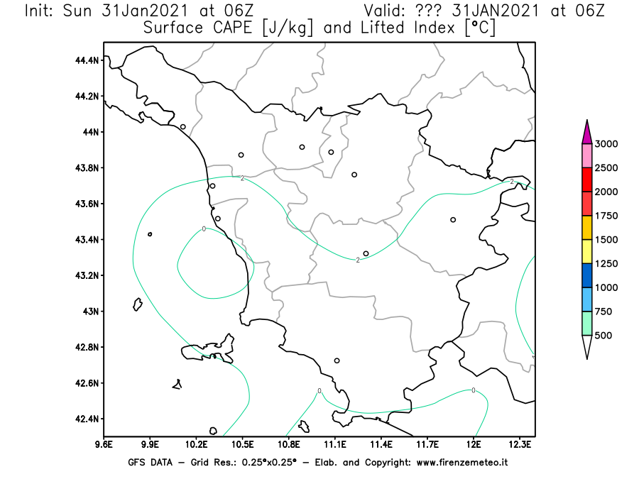 Mappa di analisi GFS - CAPE [J/kg] e Lifted Index [°C] in Toscana
							del 31/01/2021 06 <!--googleoff: index-->UTC<!--googleon: index-->