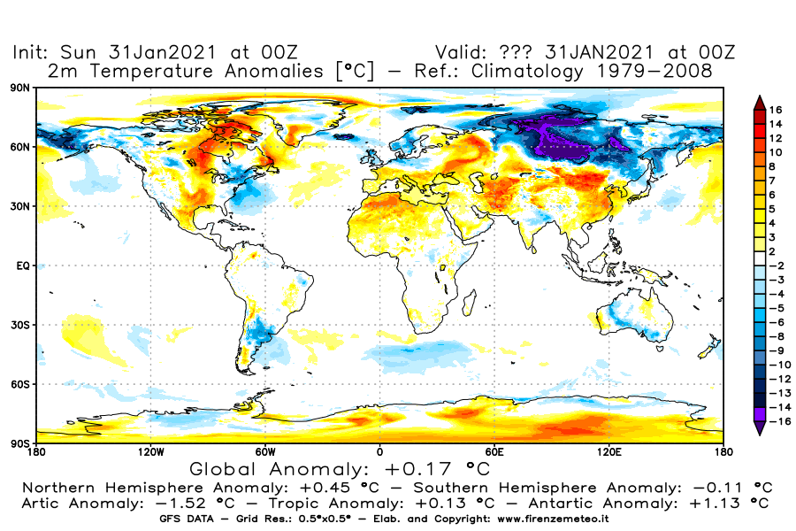 Mappa di analisi GFS - Anomalia Temperatura [°C] a 2 m in World
									del 31/01/2021 00 <!--googleoff: index-->UTC<!--googleon: index-->