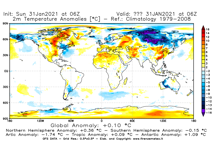 Mappa di analisi GFS - Anomalia Temperatura [°C] a 2 m in World
									del 31/01/2021 06 <!--googleoff: index-->UTC<!--googleon: index-->