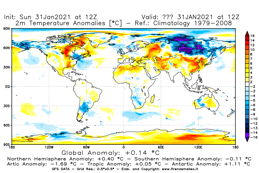 Mappa di analisi GFS - Anomalia Temperatura [°C] a 2 m in World
									del 31/01/2021 12 <!--googleoff: index-->UTC<!--googleon: index-->