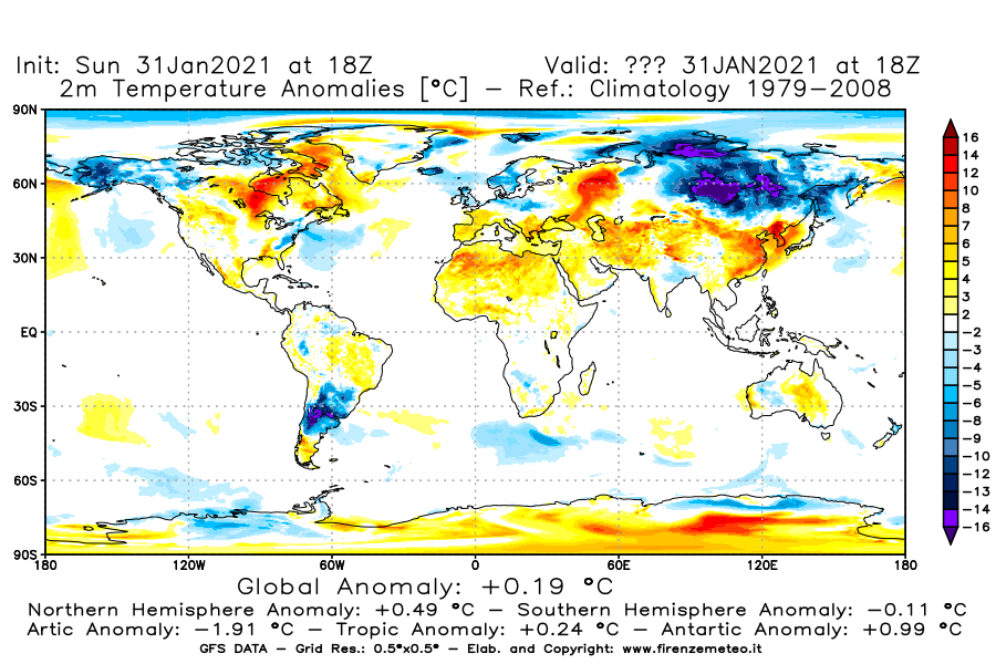 Mappa di analisi GFS - Anomalia Temperatura [°C] a 2 m in World
							del 31/01/2021 18 <!--googleoff: index-->UTC<!--googleon: index-->