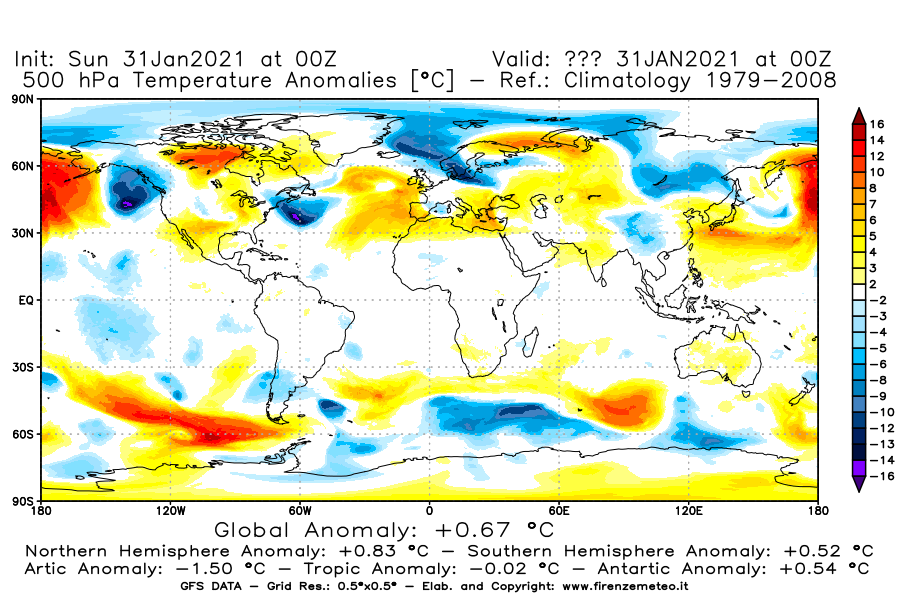 Mappa di analisi GFS - Anomalia Temperatura [°C] a 500 hPa in World
							del 31/01/2021 00 <!--googleoff: index-->UTC<!--googleon: index-->