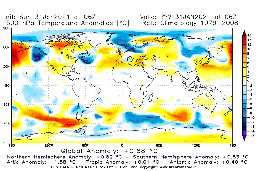 Mappa di analisi GFS - Anomalia Temperatura [°C] a 500 hPa in World
							del 31/01/2021 06 <!--googleoff: index-->UTC<!--googleon: index-->