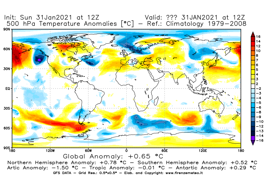 Mappa di analisi GFS - Anomalia Temperatura [°C] a 500 hPa in World
							del 31/01/2021 12 <!--googleoff: index-->UTC<!--googleon: index-->