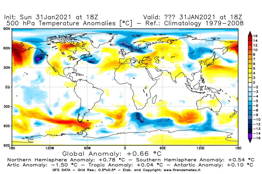 Mappa di analisi GFS - Anomalia Temperatura [°C] a 500 hPa in World
							del 31/01/2021 18 <!--googleoff: index-->UTC<!--googleon: index-->