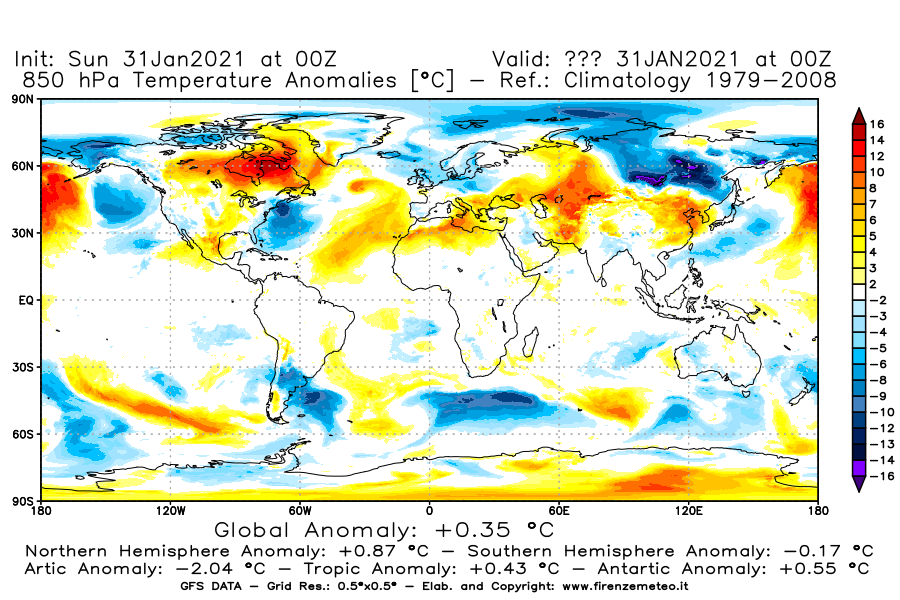 Mappa di analisi GFS - Anomalia Temperatura [°C] a 850 hPa in World
							del 31/01/2021 00 <!--googleoff: index-->UTC<!--googleon: index-->