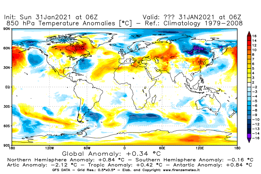 Mappa di analisi GFS - Anomalia Temperatura [°C] a 850 hPa in World
							del 31/01/2021 06 <!--googleoff: index-->UTC<!--googleon: index-->