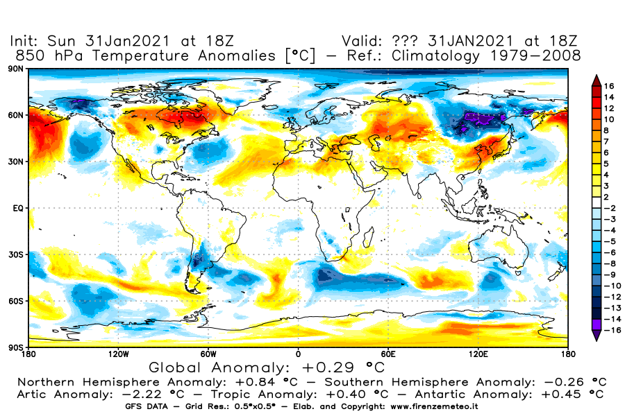Mappa di analisi GFS - Anomalia Temperatura [°C] a 850 hPa in World
							del 31/01/2021 18 <!--googleoff: index-->UTC<!--googleon: index-->