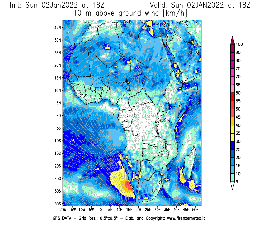 Mappa di analisi GFS - Velocità del vento a 10 metri dal suolo [km/h] in Africa
							del 02/01/2022 18 <!--googleoff: index-->UTC<!--googleon: index-->