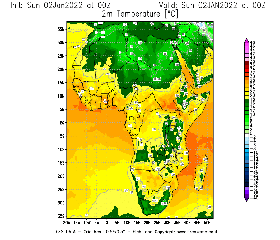 Mappa di analisi GFS - Temperatura a 2 metri dal suolo [°C] in Africa
							del 02/01/2022 00 <!--googleoff: index-->UTC<!--googleon: index-->