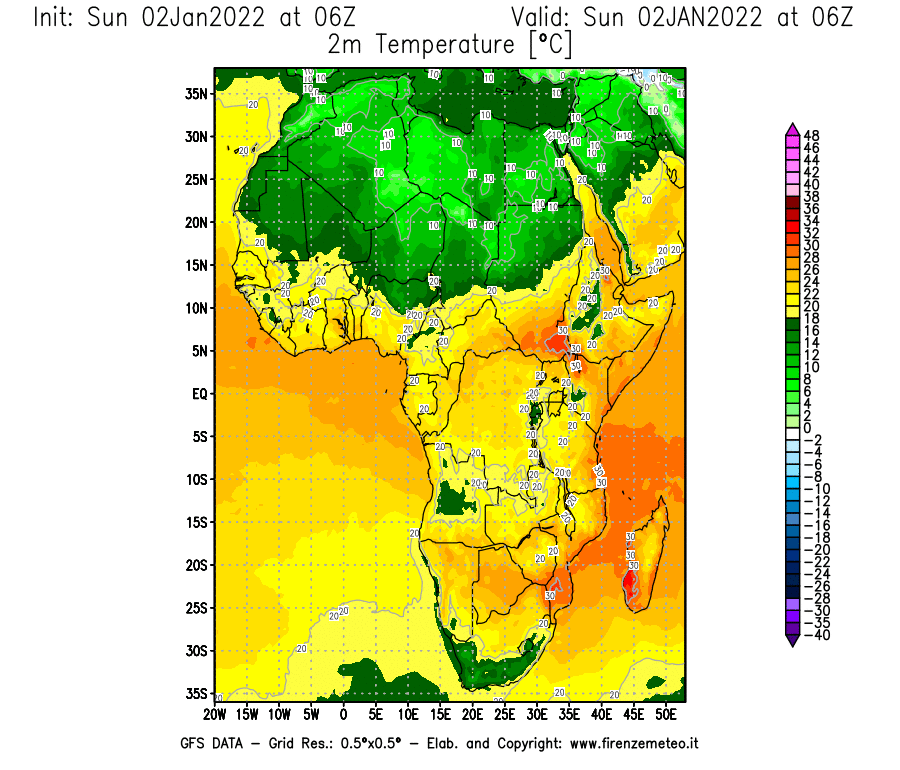 Mappa di analisi GFS - Temperatura a 2 metri dal suolo [°C] in Africa
							del 02/01/2022 06 <!--googleoff: index-->UTC<!--googleon: index-->
