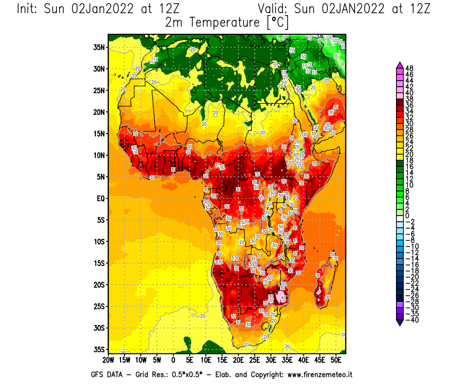 Mappa di analisi GFS - Temperatura a 2 metri dal suolo [°C] in Africa
							del 02/01/2022 12 <!--googleoff: index-->UTC<!--googleon: index-->