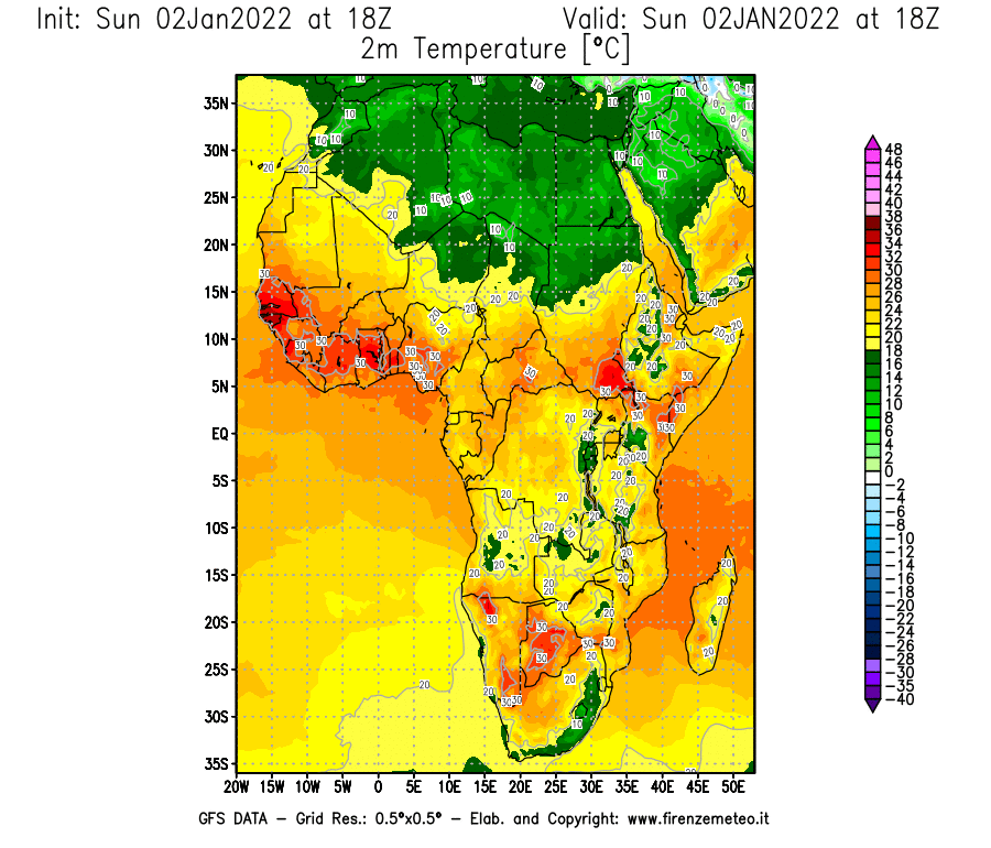 Mappa di analisi GFS - Temperatura a 2 metri dal suolo [°C] in Africa
							del 02/01/2022 18 <!--googleoff: index-->UTC<!--googleon: index-->