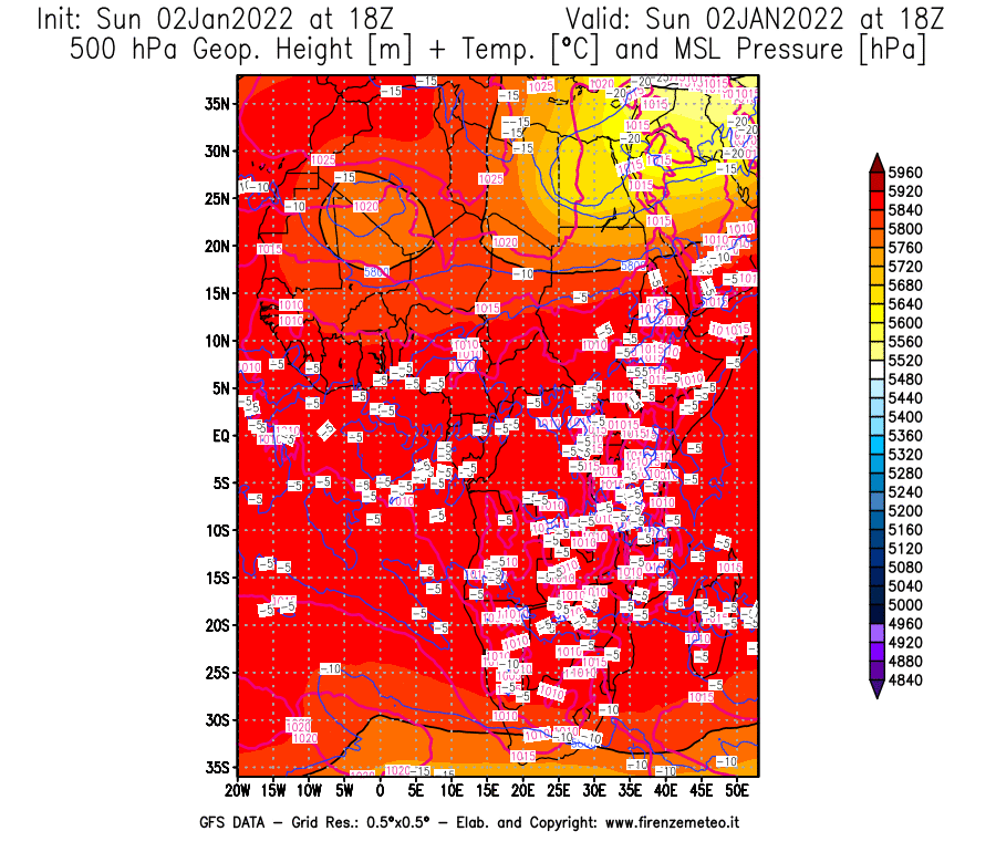 Mappa di analisi GFS - Geopotenziale [m] + Temp. [°C] a 500 hPa + Press. a livello del mare [hPa] in Africa
							del 02/01/2022 18 <!--googleoff: index-->UTC<!--googleon: index-->