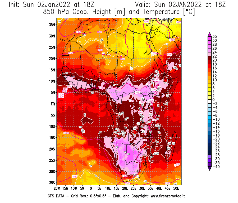 Mappa di analisi GFS - Geopotenziale [m] e Temperatura [°C] a 850 hPa in Africa
							del 02/01/2022 18 <!--googleoff: index-->UTC<!--googleon: index-->