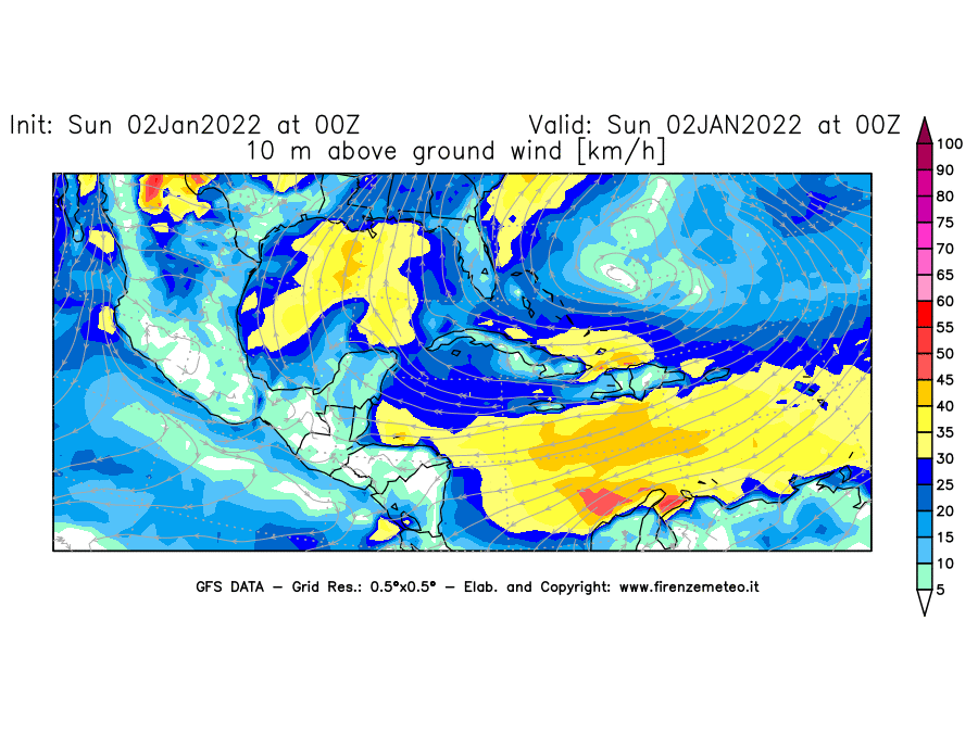 Mappa di analisi GFS - Velocità del vento a 10 metri dal suolo [km/h] in Centro-America
							del 02/01/2022 00 <!--googleoff: index-->UTC<!--googleon: index-->